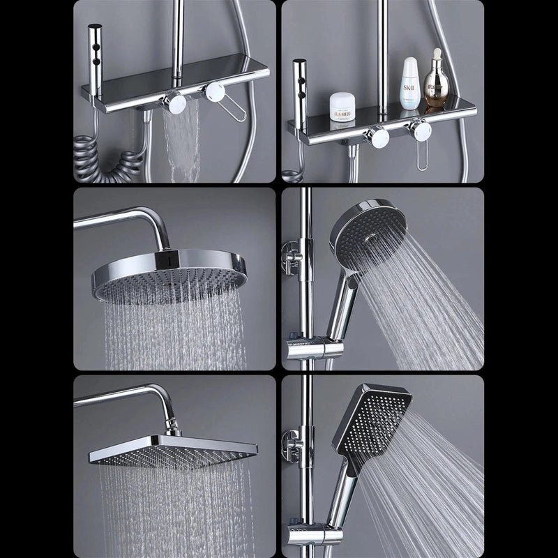 Colonne de Douche Thermostatique Chrome Gris 4 Fonctions – Mitigeur Thermostatique & Douche Pluie XXL, Bec Cascade & Douchette 3 Jets - Focett