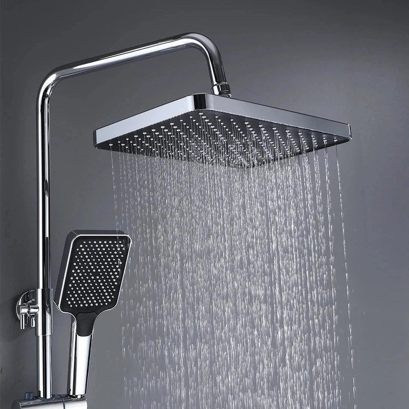 Colonne de Douche Thermostatique Chrome Gris 4 Fonctions – Mitigeur Thermostatique & Douche Pluie XXL, Bec Cascade & Douchette 3 Jets - Focett
