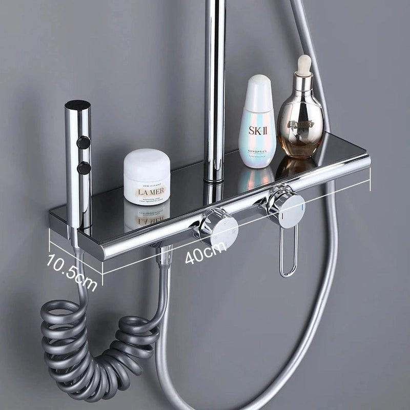 Colonne de Douche Thermostatique Chrome Gris 4 Fonctions – Mitigeur Thermostatique & Douche Pluie XXL, Bec Cascade & Douchette 3 Jets - Focett
