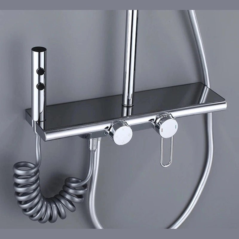Colonne de Douche Thermostatique Chrome Gris 4 Fonctions – Mitigeur Thermostatique & Douche Pluie XXL, Bec Cascade & Douchette 3 Jets - Focett