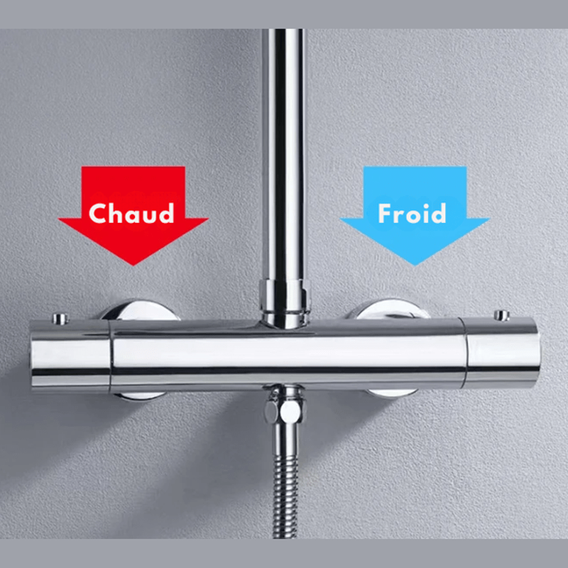 Colonne de Douche Thermostatique Chrome Gris - Avec Pommeau XXL & Douchette 3 Jets – Température Stable, Installation Murale Ajustable & Système Anti - Calcaire - Focett