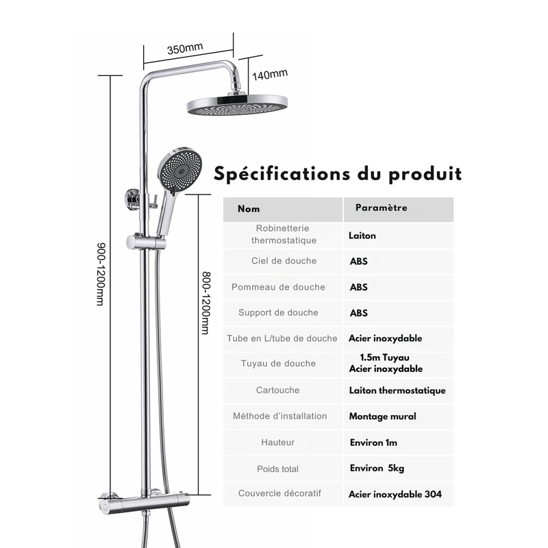 Colonne de Douche Thermostatique Chrome Gris - Avec Pommeau XXL & Douchette 3 Jets – Température Stable, Installation Murale Ajustable & Système Anti - Calcaire - Focett