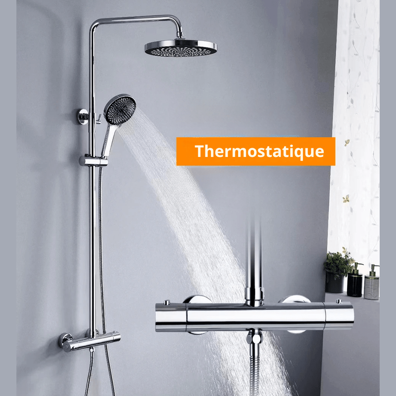 Colonne de Douche Thermostatique Chrome Gris - Avec Pommeau XXL & Douchette 3 Jets – Température Stable, Installation Murale Ajustable & Système Anti - Calcaire - Focett