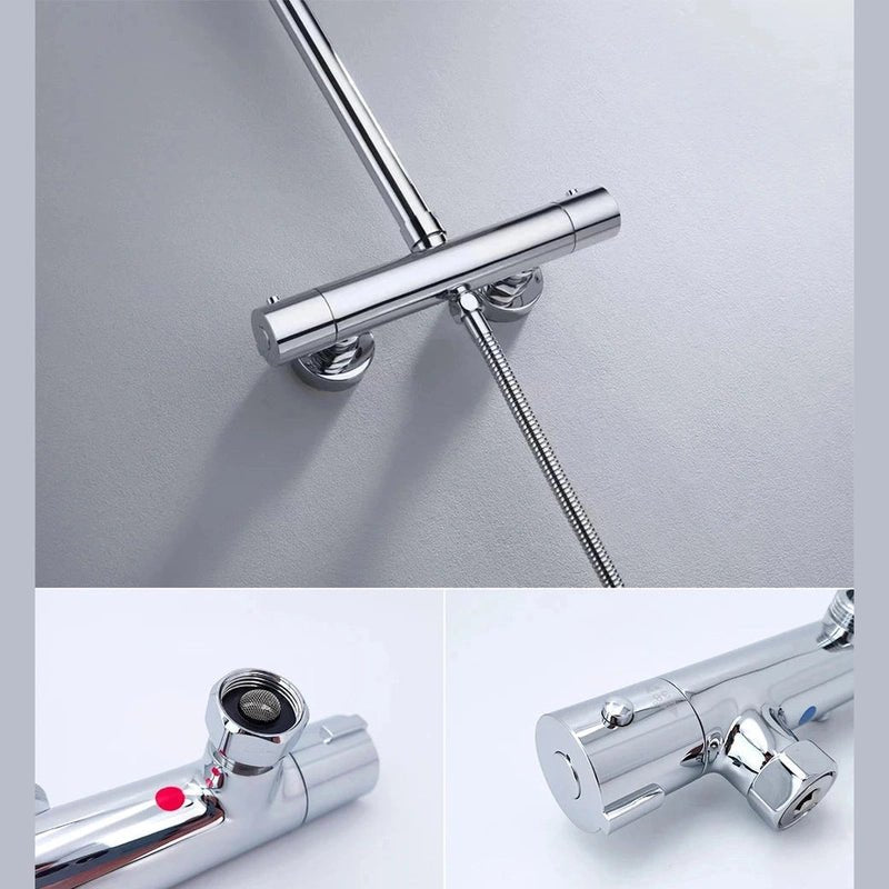 Colonne de Douche Thermostatique Chrome Gris - Avec Pommeau XXL & Douchette 3 Jets – Température Stable, Installation Murale Ajustable & Système Anti - Calcaire - Focett