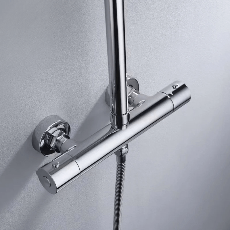 Colonne de Douche Thermostatique Chrome Gris - Avec Pommeau XXL & Douchette 3 Jets – Température Stable, Installation Murale Ajustable & Système Anti - Calcaire - Focett