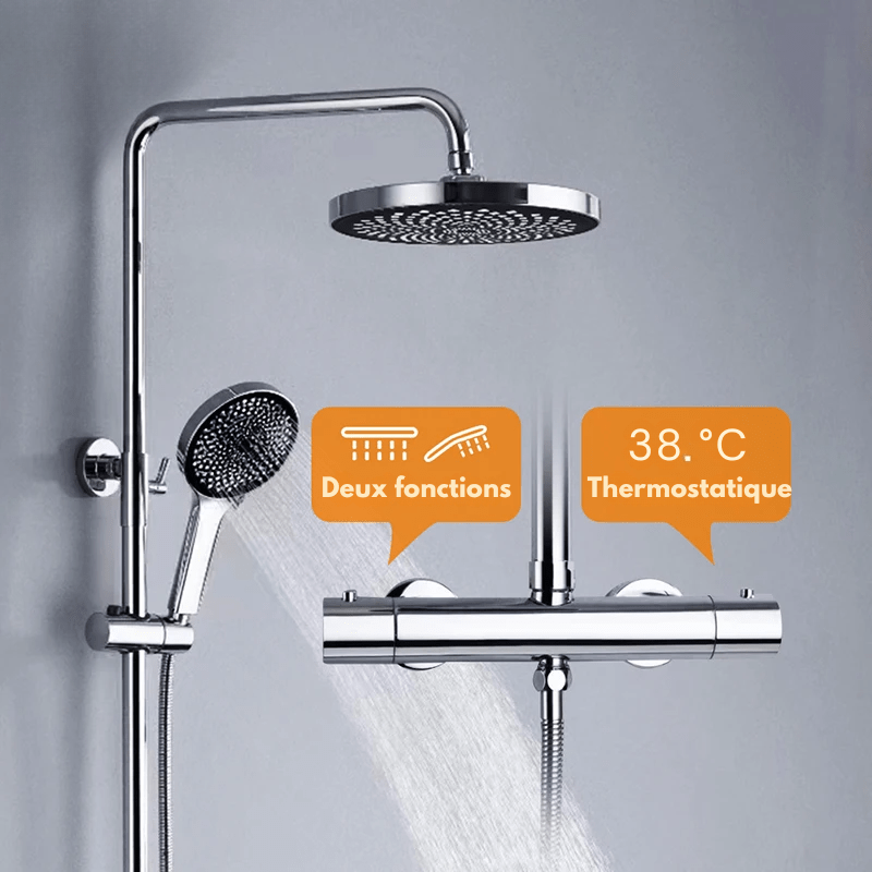 Colonne de Douche Thermostatique Chrome Gris - Avec Pommeau XXL & Douchette 3 Jets – Température Stable, Installation Murale Ajustable & Système Anti - Calcaire - Focett