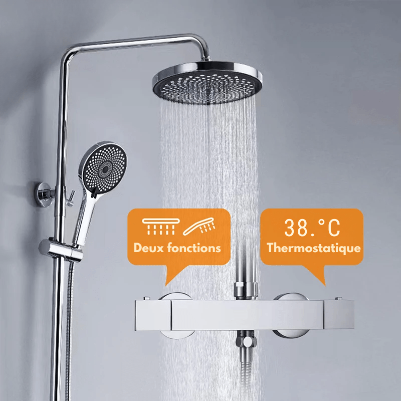 Colonne de Douche Thermostatique Chrome Gris - Avec Pommeau XXL & Douchette 3 Jets – Température Stable, Installation Murale Ajustable & Système Anti - Calcaire - Focett