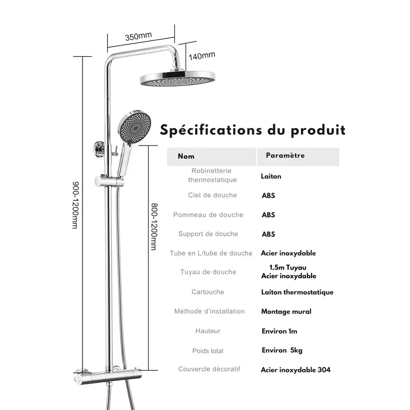 Colonne de Douche Thermostatique Chrome Gris - Avec Pommeau XXL & Douchette 3 Jets – Température Stable, Installation Murale Ajustable & Système Anti - Calcaire - Focett
