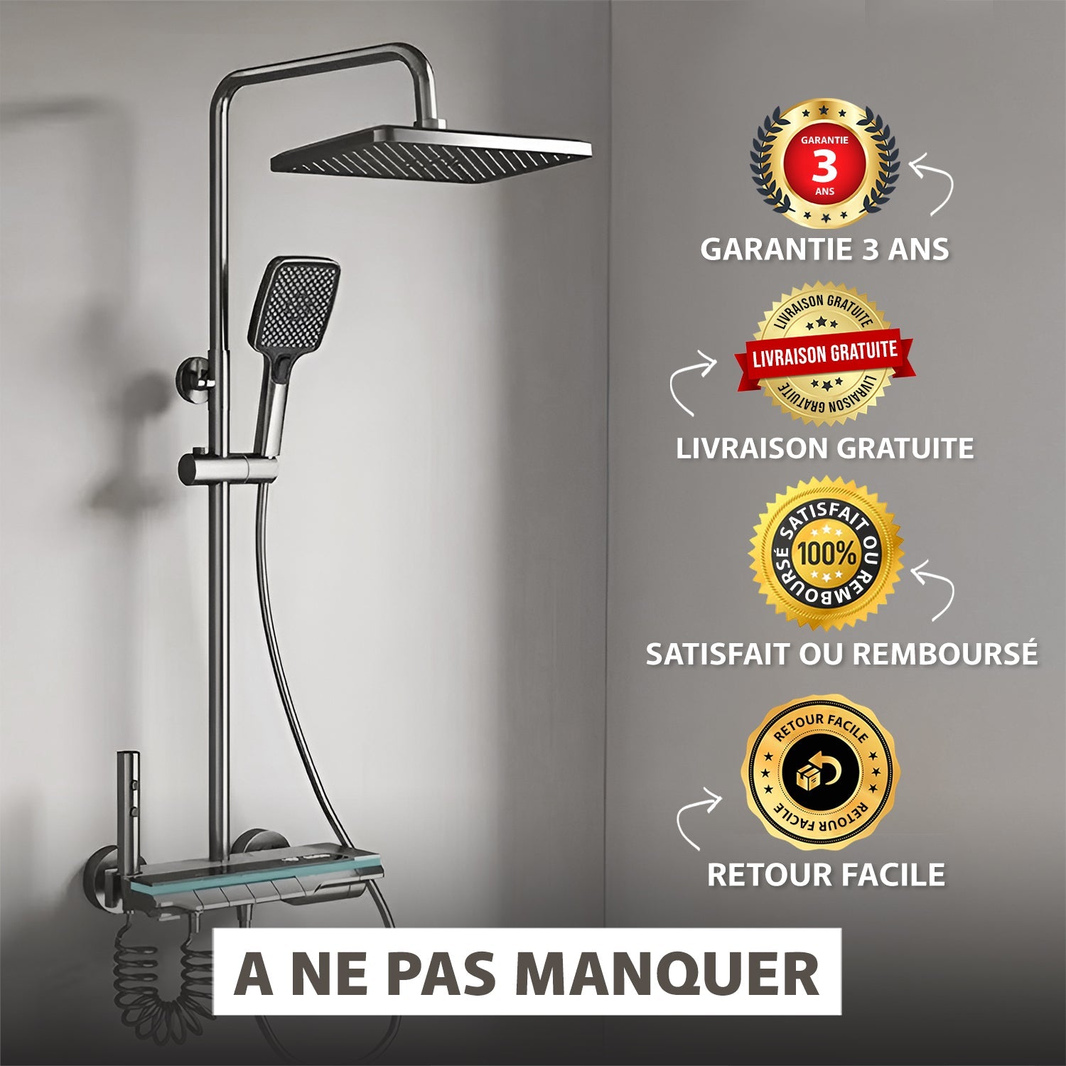 Colonne de douche thermostatique gris - affichage température & lumière d'ambiance - Focett