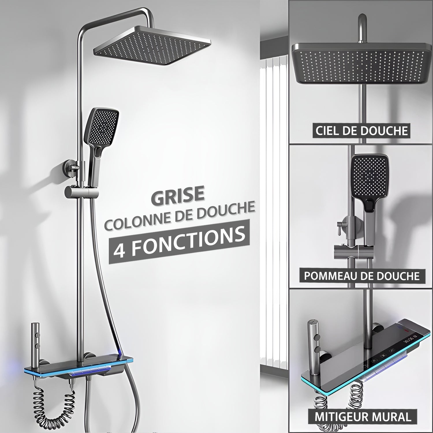 Colonne de douche thermostatique gris - affichage température & lumière d'ambiance - Focett