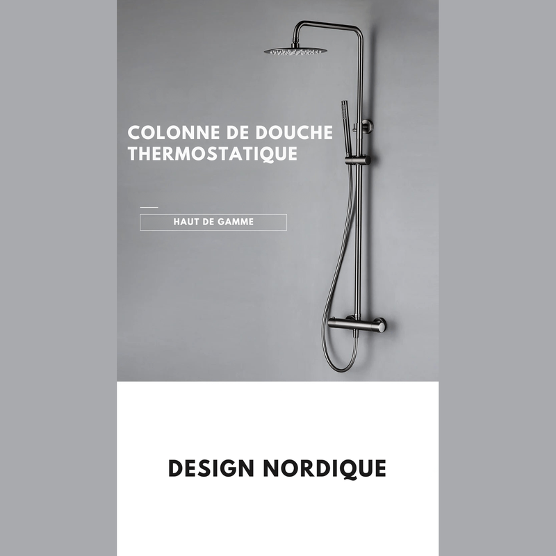 Colonne de Douche Thermostatique Gris Métallique – Mitigeur Thermostatique Laiton, Ciel de douche Rond Ajustable 20-40cm et Système Douche Pluie avec Bras Ajustable