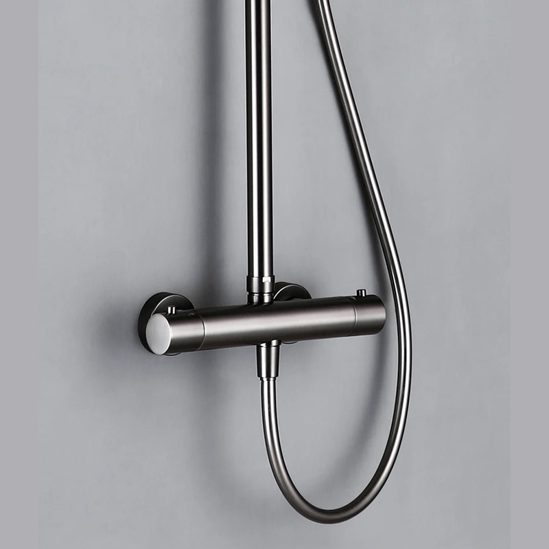 Colonne de Douche Thermostatique Gris Métallique – Mitigeur Thermostatique Laiton, Ciel de douche Rond Ajustable 20-40cm et Système Douche Pluie avec Bras Ajustable