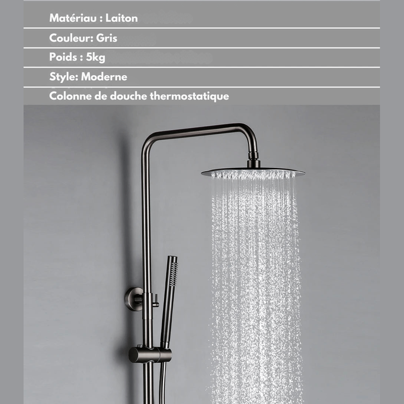 Colonne de Douche Thermostatique Gris Métallique – Mitigeur Thermostatique Laiton, Ciel de douche Rond Ajustable 20-40cm et Système Douche Pluie avec Bras Ajustable