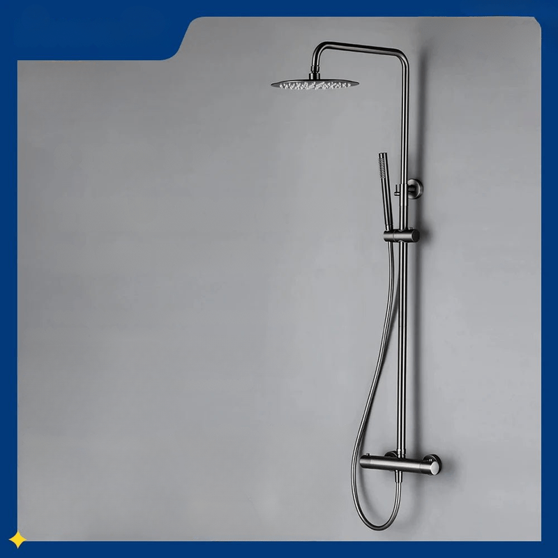 Colonne de Douche Thermostatique Gris Métallique – Mitigeur Thermostatique Laiton, Ciel de douche Rond Ajustable 20-40cm et Système Douche Pluie avec Bras Ajustable