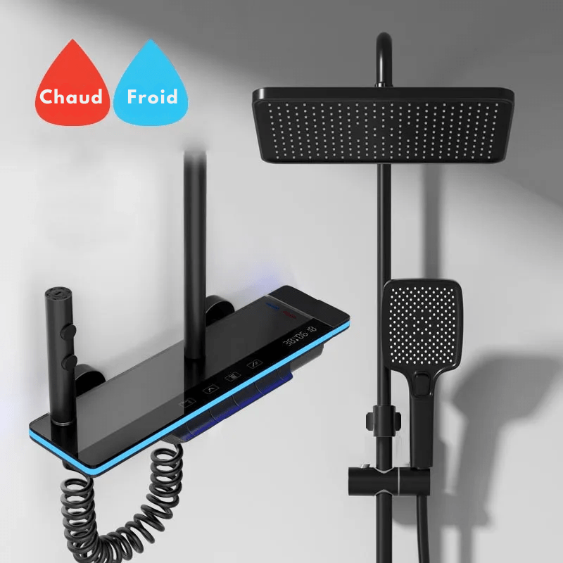 Colonne de Douche Thermostatique Noire - Avec Affichage Température & Lumière d'Ambiance – Pommeau Rectangulaire & Matériaux Haut de Gamme - Focett