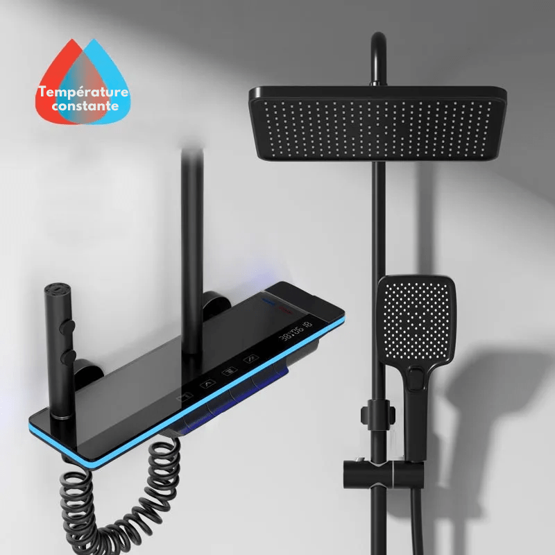 Colonne de Douche Thermostatique Noire - Avec Affichage Température & Lumière d'Ambiance – Pommeau Rectangulaire & Matériaux Haut de Gamme - Focett