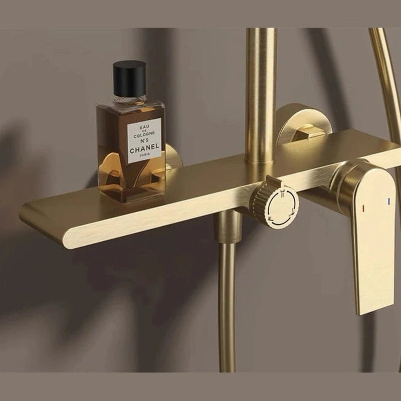 Colonne de Douche Thermostatique Or Brossé - Système 3 Fonctions avec Pommeau XXL & Douchette 3 Jets Buses, Anti - Calcaire & Mitigeur Thermostatique en Laiton - Focett