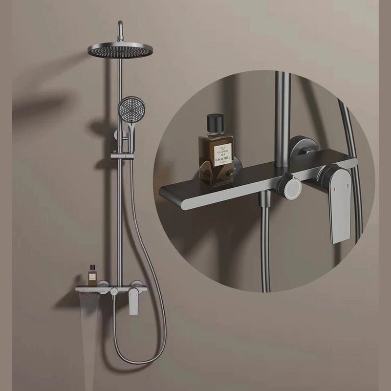 Colonne de Douche Thermostatique Or Brossé - Système 3 Fonctions avec Pommeau XXL & Douchette 3 Jets Buses, Anti - Calcaire & Mitigeur Thermostatique en Laiton - Focett
