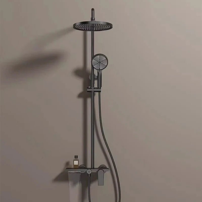 Colonne de Douche Thermostatique Or Brossé - Système 3 Fonctions avec Pommeau XXL & Douchette 3 Jets Buses, Anti - Calcaire & Mitigeur Thermostatique en Laiton - Focett