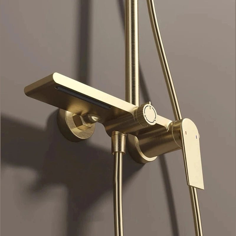 Colonne de Douche Thermostatique Or Brossé - Système 3 Fonctions avec Pommeau XXL & Douchette 3 Jets Buses, Anti - Calcaire & Mitigeur Thermostatique en Laiton - Focett