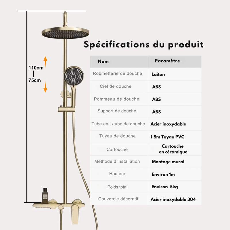 Colonne de Douche Thermostatique Or Brossé - Système 3 Fonctions avec Pommeau XXL & Douchette 3 Jets Buses, Anti - Calcaire & Mitigeur Thermostatique en Laiton - Focett
