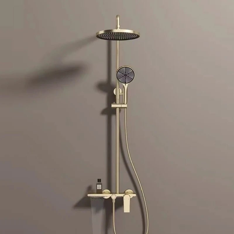 Colonne de Douche Thermostatique Or Brossé - Système 3 Fonctions avec Pommeau XXL & Douchette 3 Jets Buses, Anti - Calcaire & Mitigeur Thermostatique en Laiton - Focett