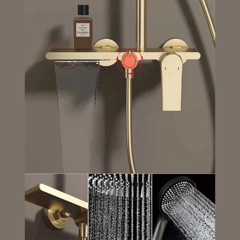 Colonne de Douche Thermostatique Or Brossé - Système 3 Fonctions avec Pommeau XXL & Douchette 3 Jets Buses, Anti - Calcaire & Mitigeur Thermostatique en Laiton - Focett
