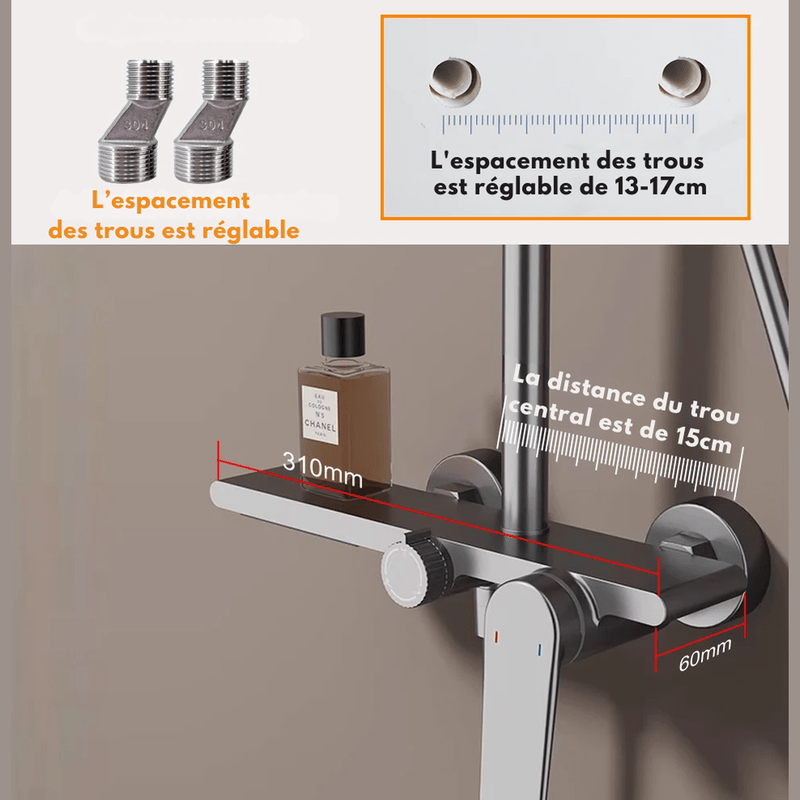 Colonne de Douche Thermostatique Or Brossé - Système 3 Fonctions avec Pommeau XXL & Douchette 3 Jets Buses, Anti - Calcaire & Mitigeur Thermostatique en Laiton - Focett