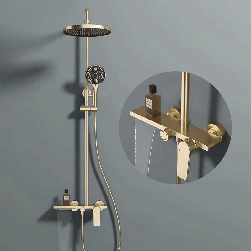 Colonne de Douche Thermostatique Or Brossé - Système 3 Fonctions avec Pommeau XXL & Douchette 3 Jets Buses, Anti - Calcaire & Mitigeur Thermostatique en Laiton - Focett