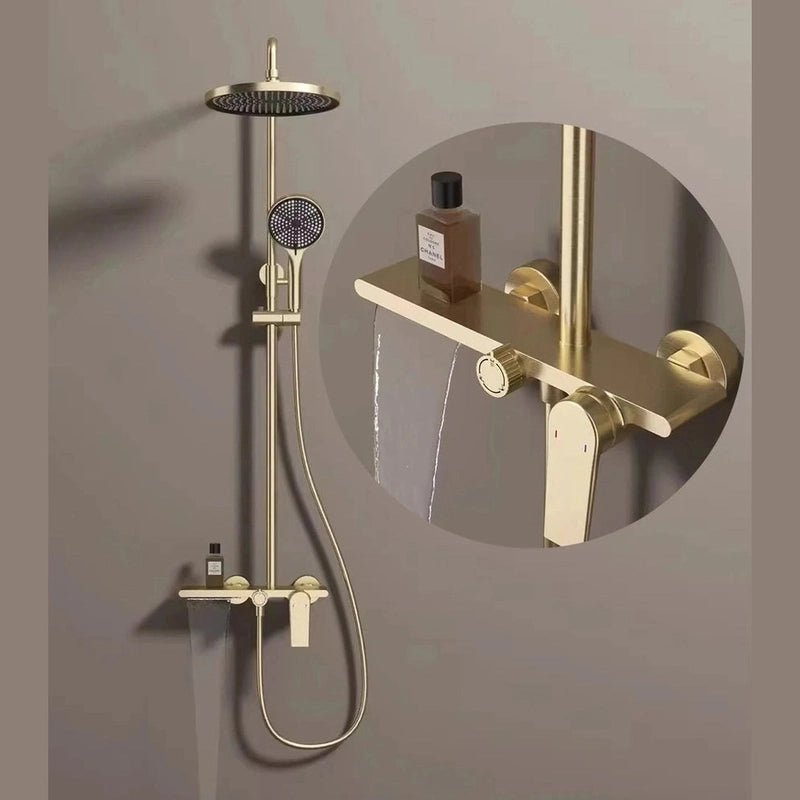 Colonne de Douche Thermostatique Or Brossé - Système 3 Fonctions avec Pommeau XXL & Douchette 3 Jets Buses, Anti - Calcaire & Mitigeur Thermostatique en Laiton - Focett