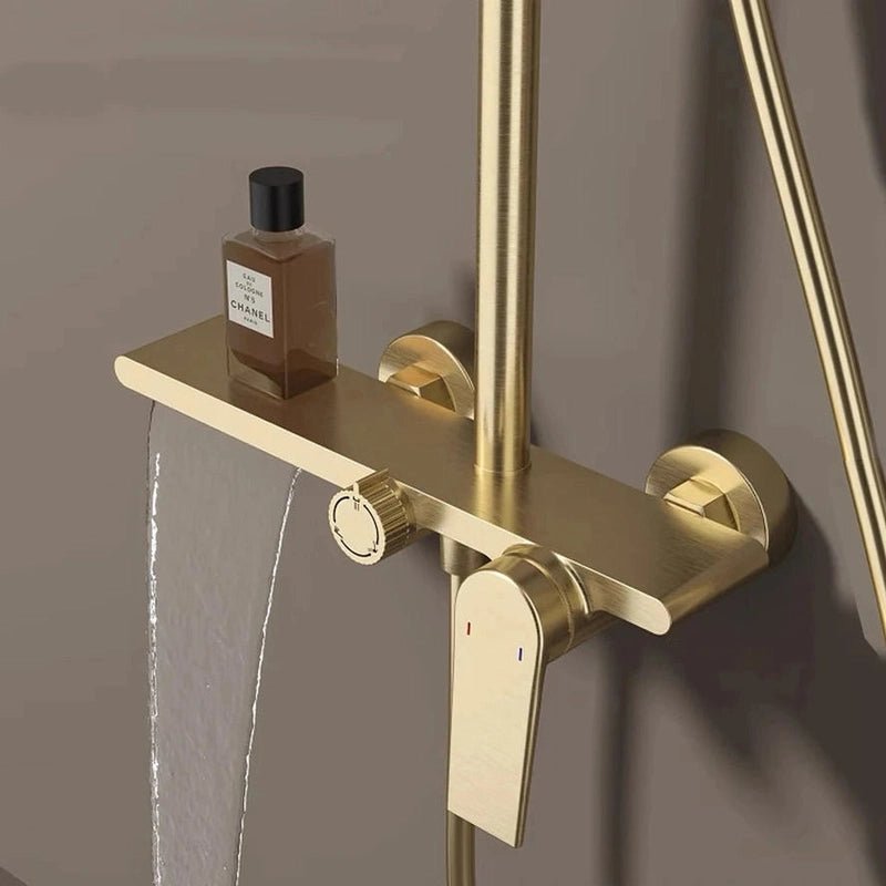 Colonne de Douche Thermostatique Or Brossé - Système 3 Fonctions avec Pommeau XXL & Douchette 3 Jets Buses, Anti - Calcaire & Mitigeur Thermostatique en Laiton - Focett