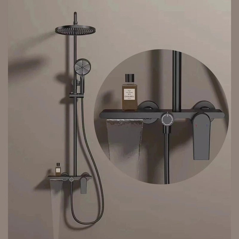 Colonne de Douche Thermostatique Or Brossé - Système 3 Fonctions avec Pommeau XXL & Douchette 3 Jets Buses, Anti - Calcaire & Mitigeur Thermostatique en Laiton - Focett