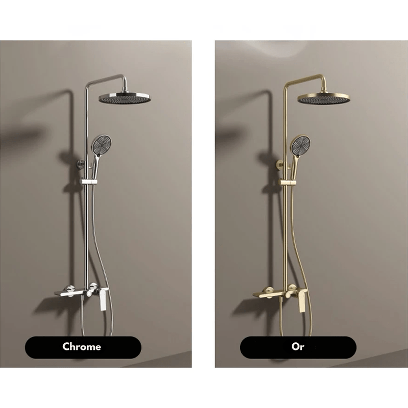 Colonne de Douche Thermostatique Or Brossé - Système 3 Fonctions avec Pommeau XXL & Douchette 3 Jets Buses, Anti - Calcaire & Mitigeur Thermostatique en Laiton - Focett