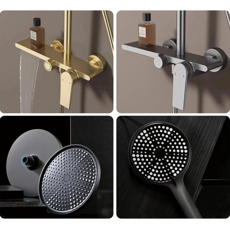 Colonne de Douche Thermostatique Or Brossé - Système 3 Fonctions avec Pommeau XXL & Douchette 3 Jets Buses, Anti - Calcaire & Mitigeur Thermostatique en Laiton - Focett