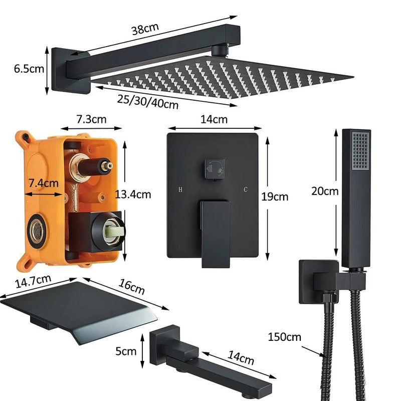 Colonne de Douche Encastrable Noir Mat – Design Moderne avec Ciel De Douche 25-40cm XXL Effet Pluie & Cascade + Robinet Bain