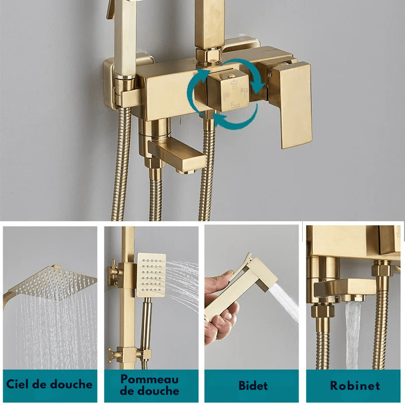 Colonne de Douche Or – Mitigeur Monocommande, Barre Coulissante & Système Douche Pluie 4 Fonctions avec Mélangeur Douche/Bain