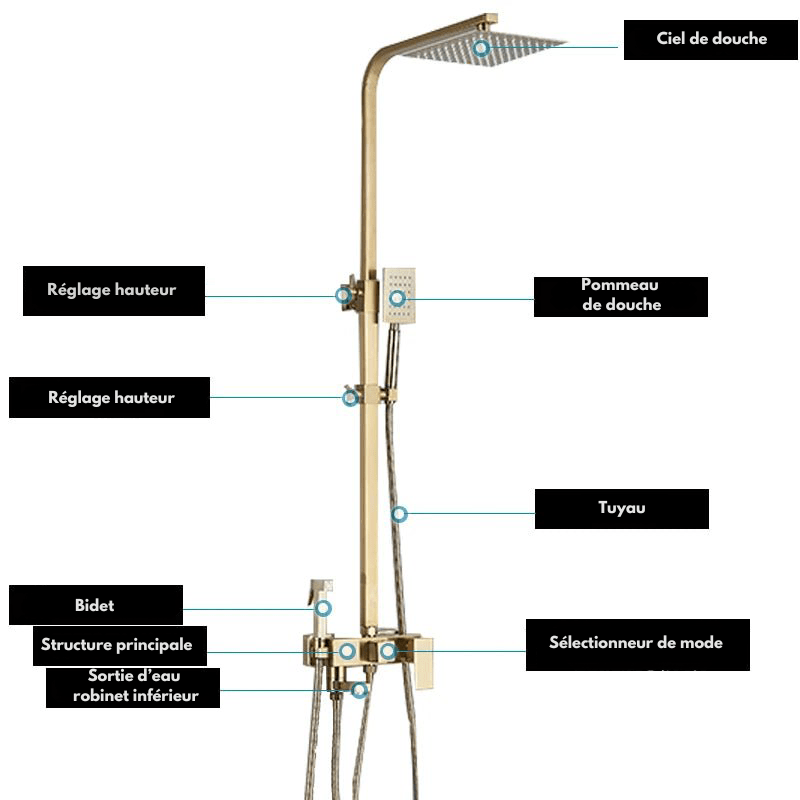 Colonne de Douche Or – Mitigeur Monocommande, Barre Coulissante & Système Douche Pluie 4 Fonctions avec Mélangeur Douche/Bain