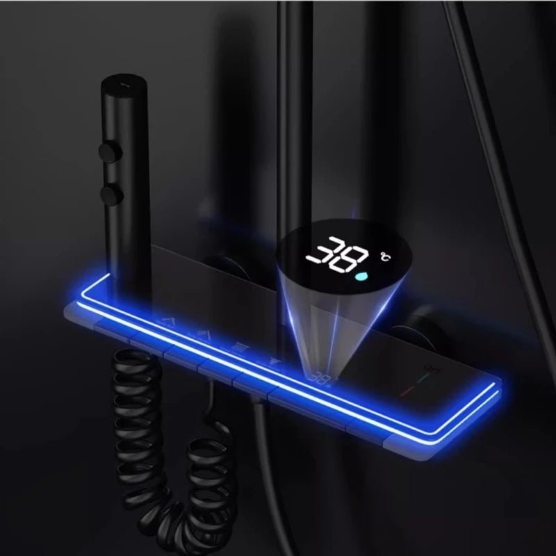 Colonne de Douche Grise – Acier Inoxydable Poli, Hauteur & Inclinaison Ajustables avec Affichage Digital, Boutons Piano et LED