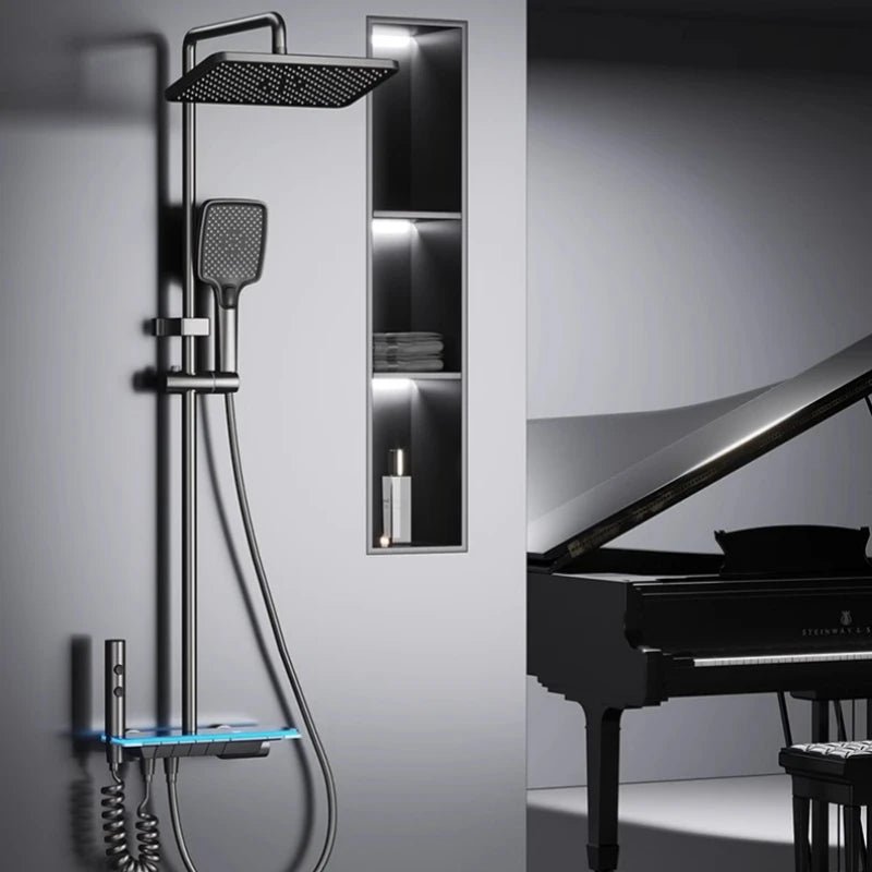 Colonne de Douche Grise – Acier Inoxydable Poli, Hauteur & Inclinaison Ajustables avec Affichage Digital, Boutons Piano et LED