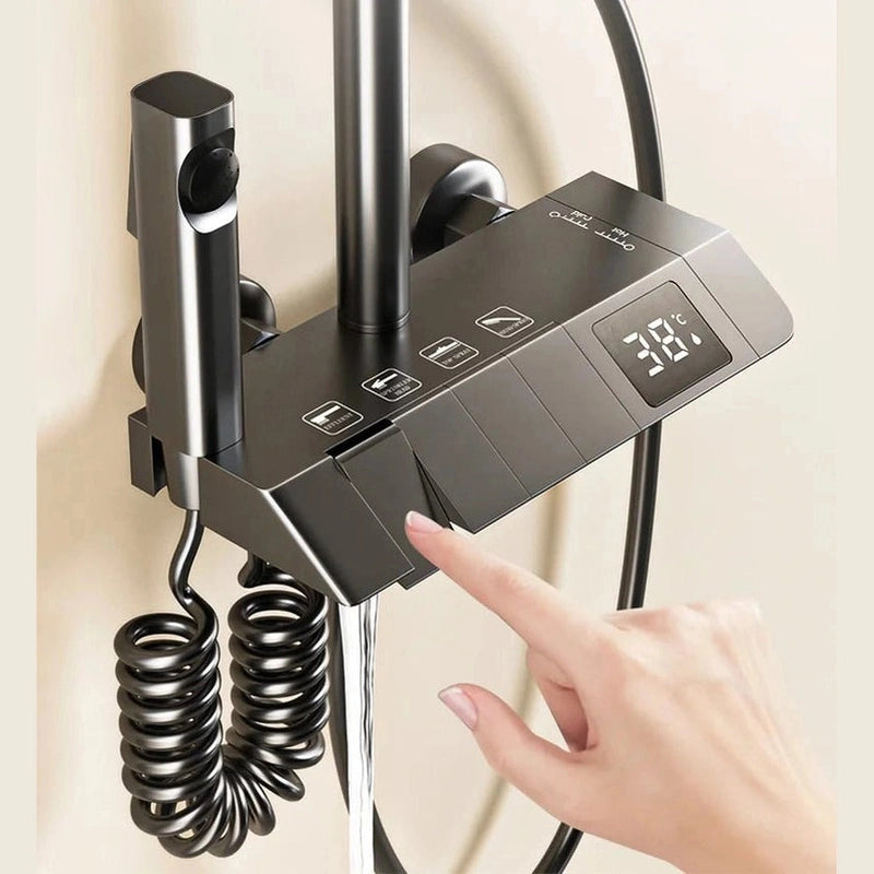Colonne de Douche Thermostatique Grise – Température en Temps Réel, Design Épuré & Système Complet de Douche Pluie Pressurisée