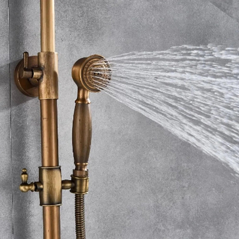 Colonne de Douche Rétro en Laiton Antique – Hauteur Réglable 75-120 cm, Ciel De Douche Pluie 20 cm, Douchette et Étageres de Rangement avec Robinet