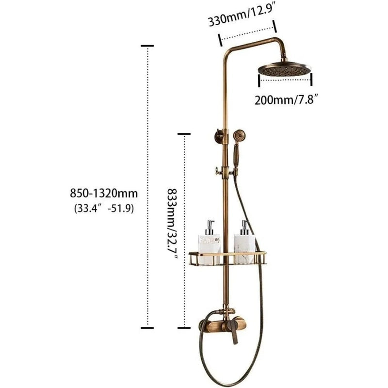 Colonne de Douche Rétro en Laiton Antique – Hauteur Réglable 75-120 cm, Ciel De Douche Pluie 20 cm, Douchette et Étageres de Rangement avec Robinet
