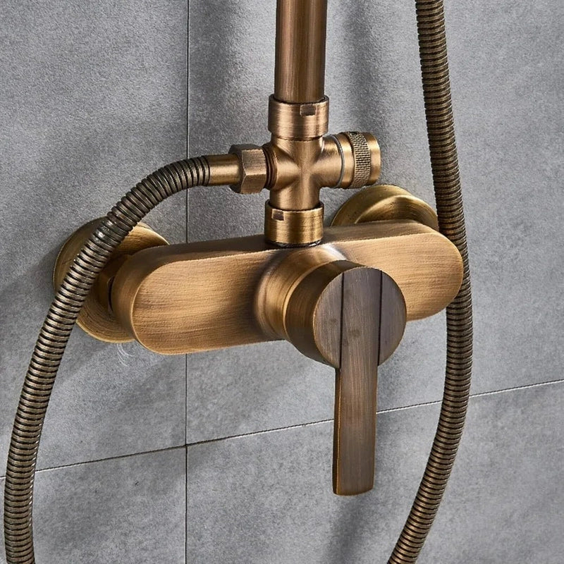 Colonne de Douche Rétro en Laiton Antique – Hauteur Réglable 75-120 cm, Ciel De Douche Pluie 20 cm, Douchette et Étageres de Rangement avec Robinet