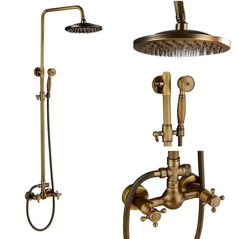 Colonne de Douche Rétro en Laiton Antique – Ciel de douche Pluie 20cm” & Douchette à Main avec Mélangeur Eau Chaude/Froide et Étagère Pratique