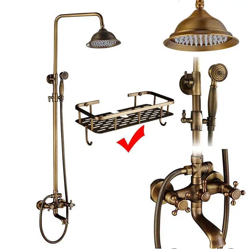 Colonne de Douche Rétro en Laiton Antique – Ciel de douche Pluie 20cm” & Douchette à Main avec Mélangeur Eau Chaude/Froide et Étagère Pratique
