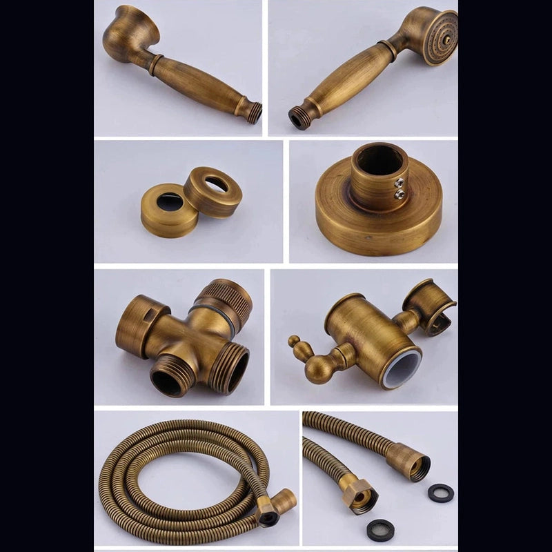 Colonne de Douche Rétro en Laiton Antique – Ciel de douche Pluie 20cm” & Douchette à Main avec Mélangeur Eau Chaude/Froide et Étagère Pratique