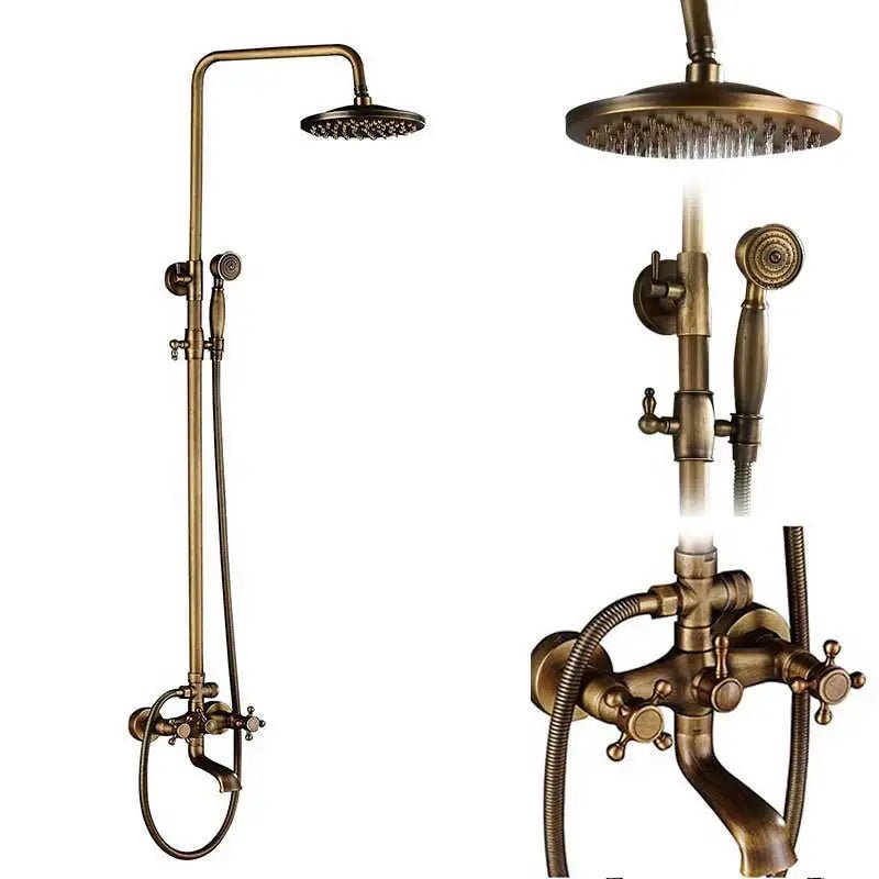 Colonne de Douche Rétro en Laiton Antique – Ciel de douche Pluie 20cm” & Douchette à Main avec Mélangeur Eau Chaude/Froide et Étagère Pratique