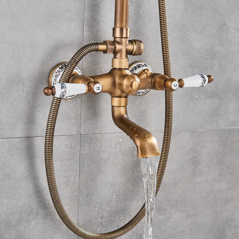 Colonne de Douche Rétro en Laiton Antique – Ciel de douche Pluie 20cm” & Douchette à Main avec Mélangeur Eau Chaude/Froide et Étagère Pratique
