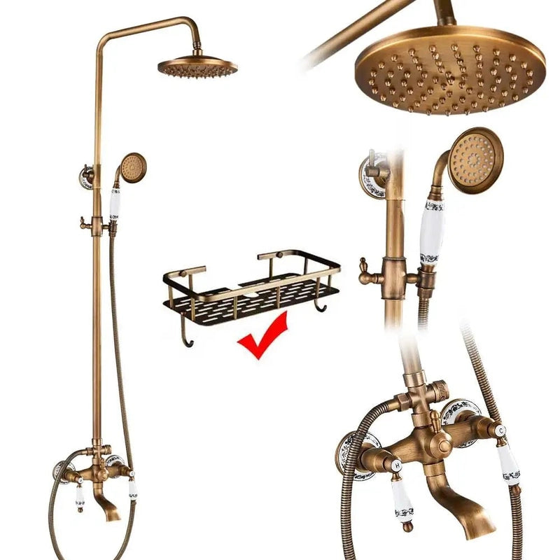 Colonne de Douche Rétro en Laiton Antique – Ciel de douche Pluie 20cm” & Douchette à Main avec Mélangeur Eau Chaude/Froide et Étagère Pratique