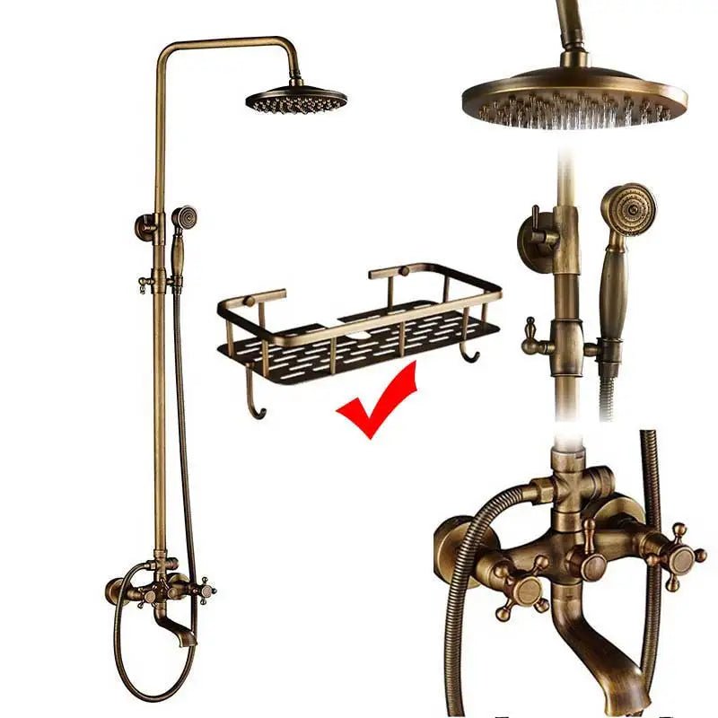 Colonne de Douche Rétro en Laiton Antique – Ciel de douche Pluie 20cm” & Douchette à Main avec Mélangeur Eau Chaude/Froide et Étagère Pratique